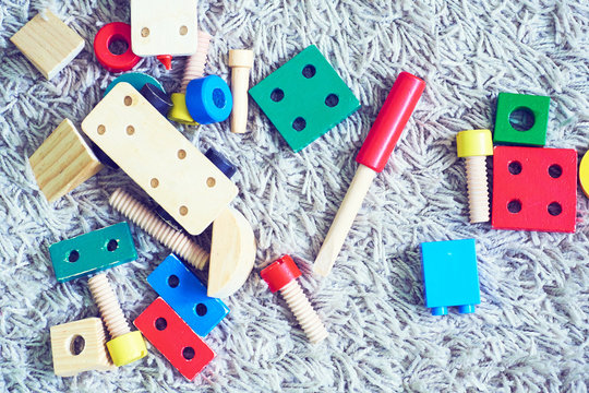 Plastic and wooden elements blocks for the designer.