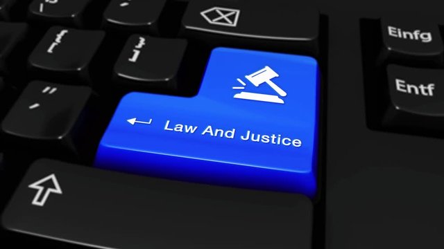 526. Law And Justice Round Motion On Blue Enter Button On Modern Computer Keyboard with Text and icon Labeled. Selected Focus Key is Pressing Animation.