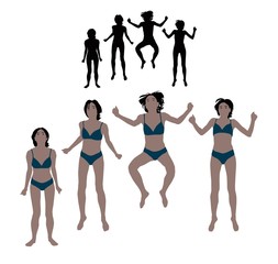 Set of realistic flat colored illustration of a jumping woman in bikinis