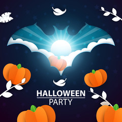 Halloween illustration. Cartoon paper pumpkin and bat. Vector eps 10