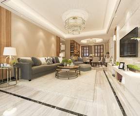 3d rendering modern dining room and living room with luxury decor