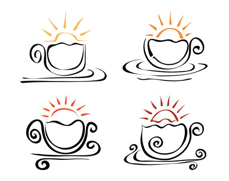 four degrees of roasting coffee/ vector mugs with curls and hot sun