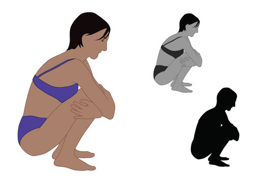 Realistic flat colored perspective illustration of a woman crouching on the ground