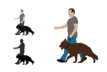 Realistic colored illustration of a man walks a german shepherd dog