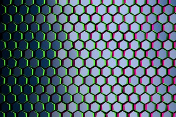 Hexagonal honeycomb pattern. Even geometric patter with blue hexagons with green and purple edges. 3D illustration.