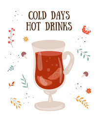 Vector postcard with hot drink in flat design