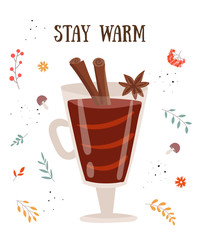 Vector postcard with hot drink in flat design