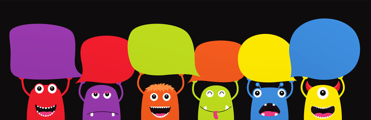 Set of funny cartoon monsters with dialogue speech bubbles. Characters Halloween on black background. © Ramcreative