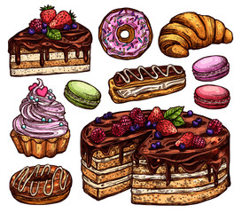 Sketch Collection Of Bakery Products, Dessert And Sweets. Hand Drawn Colorful Set With Cake, Macaroons, Croissant, Donuts And Waffle