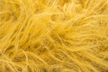 Yellow soft natural animal wool texture background. Skin wool. Close-up texture of white fluffy fur. Red plush