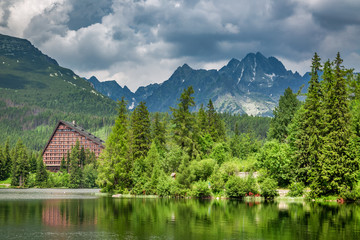 Wonderful mountain lake in Strbske Pleso in Slovakia