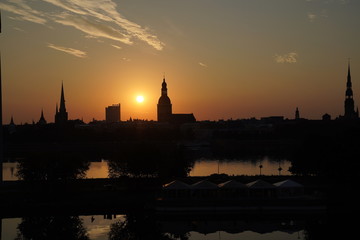Beautiful view at the landscape of Oldtown  Riga, Latvia across the Daugava River at dawn