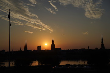 Beautiful view at the landscape of Oldtown  Riga, Latvia across the Daugava River at dawn