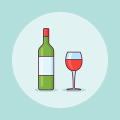 Bottle and glass of wine flat line icon. Vector illustration.