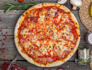 Pizza with tomatoes, mozzarella cheese. Delicious italian pizza