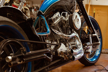 Fototapeta na wymiar Engine close up shot of beautiful and custom made motorcycle