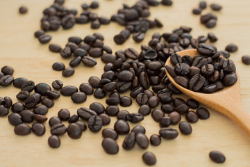 Close-up Coffee beans in wooden spoon on wood table. Coffee is a popular drink and is known around the world.