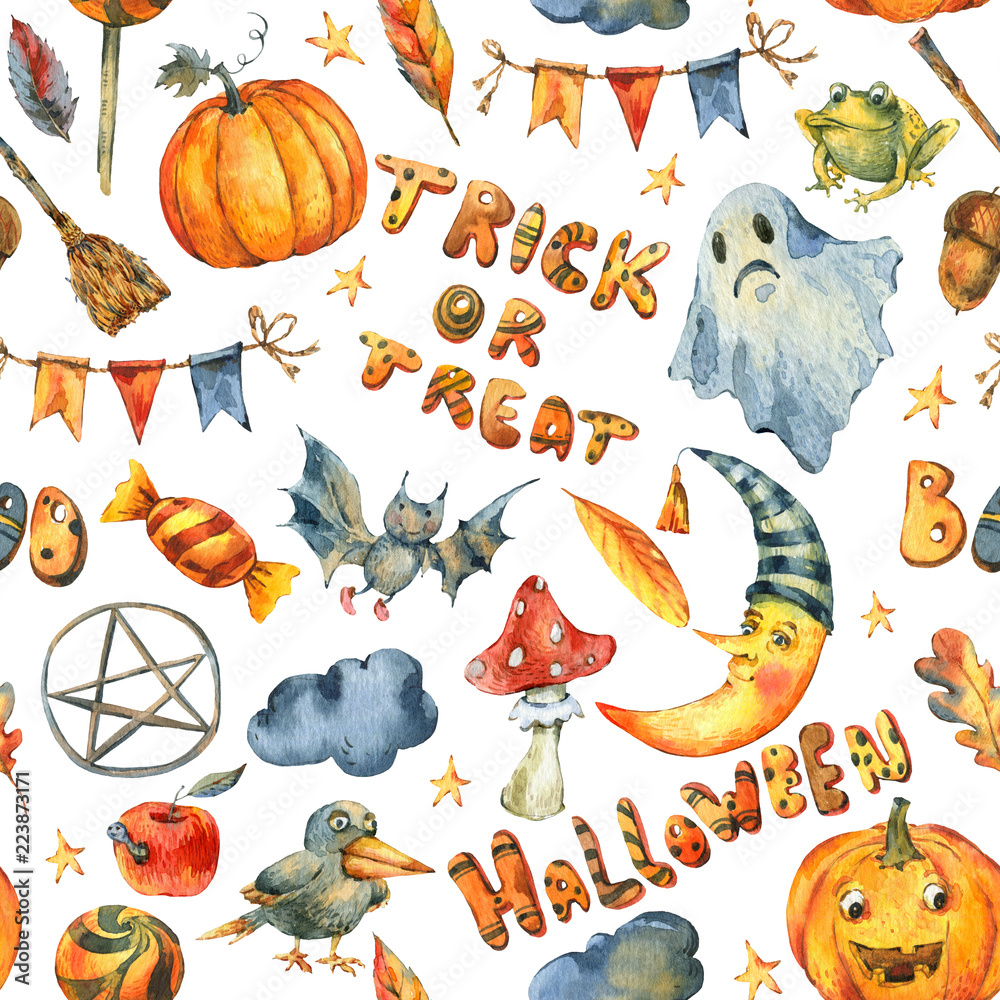 Wall mural Watercolor Halloween party seamless pattern isolated on white ba