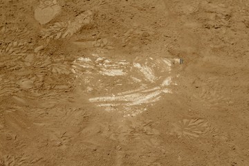 The texture of the dirt around and on home plate of infield dirt.