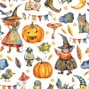 Watercolor Halloween party seamless pattern on white background.