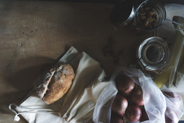 Vintage flat lay look of zero waste containers and food