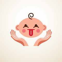 Cute baby cartoon vector flat icon, adorable child showing tongue child emoji. With tender hands of care of mother or nanny. Can be used as a logo.