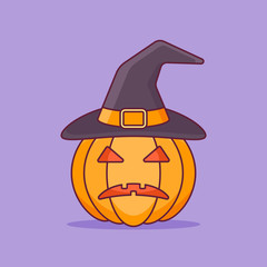 Halloween pumpkin in witch hat flat line icon. Vector illustration.