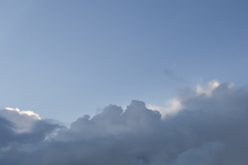 The clear blue sky with puffy clouds at the bottom. A natural background for images, copy space