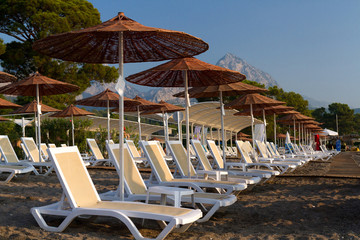 Sunbeds and umbrellas from the sun on the sea coast.