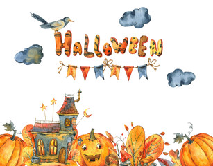 Watercolor Halloween illustration, Black old house, Pumpkin