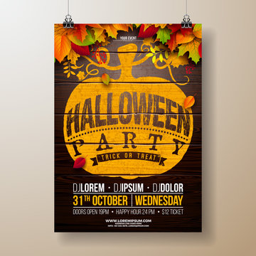 Halloween Party flyer illustration with autumn leaves and typography lettering in pumpkin on vintage wood background. Vector Holiday design template with for party invitation, greeting card, banner or