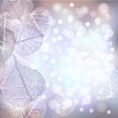 Festive winter background of bokeh lights with frame of hoarfrost leaves