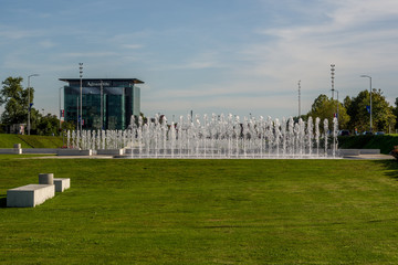 Zagreb, Croatia - Sept 12, 2018: .Lawn and fountains on entrance to downtown of city of Zagreb, Croatia. Landscape View.