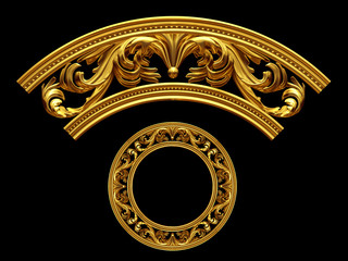 golden ornamental segment, &rdquo;rock", round version, ninety degree angle, for corner or circle, 3d Illustration, separated on black