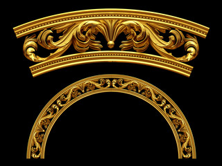 golden ornamental segment, &rdquo;rock", round version, fourty-five degree angle, for corner or circle, 3d Illustration, separated on black