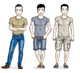 Handsome young men group standing wearing fashionable casual clothes. Vector people illustrations set. Lifestyle theme male characters.