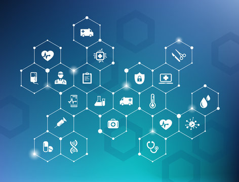 electronic healthcare vector illustration – e-health concept with connected white icons on blue background