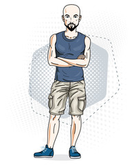 Confident athletic handsome hairless young man standing. Vector illustration of male wearing casual clothes, jeans shorts and singlet.