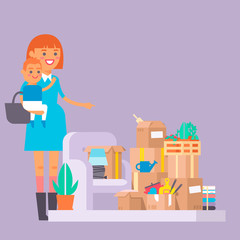 Happy young woman vector flat people moving in new house movement apartment together. Happy young girl moving service. Woman carrying boxes together with family person unpacking box character set