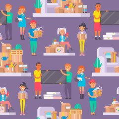 Happy young couple vector flat people moving in new house movement apartment together. Happy young couple moving service. Woman carrying boxes together with family person unpacking box character set