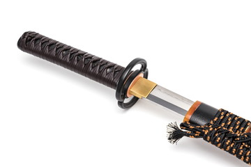 Brown leather cord tie on grip Japanese sword steel fitting and black  scabbard on white background.