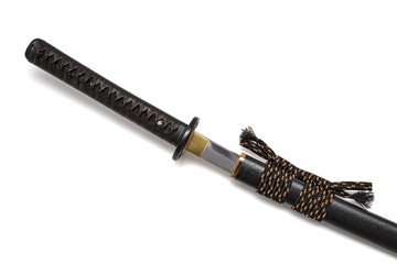 Brown leather cord tie on grip Japanese sword steel fitting and black  scabbard on white background.