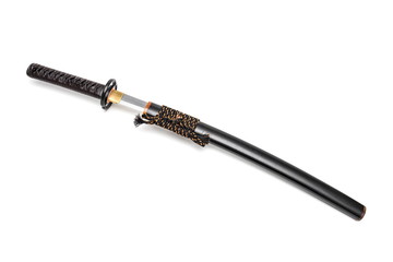 Brown leather cord tie on grip Japanese sword steel fitting and black  scabbard on white background.