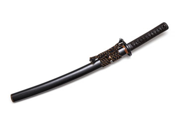 Fototapeta premium Brown leather cord tie on grip Japanese sword and black scabbard with steel fitting isolated in white background.