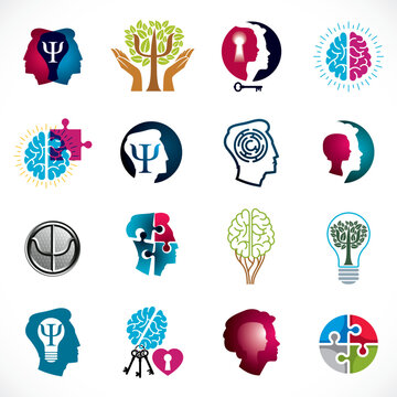 Psychology, brain and mental health vector conceptual icons or logos set. Relationship and gender psychology problems and conflicts, psychoanalysis and psychotherapy, personality and individuality.