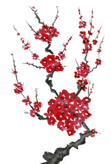 Obraz premium A branch of a blossoming tree. Pink and red stylized flowers of plum mei, wild apricots and sakura . Watercolor and ink illustration in style sumi-e, u-sin. Oriental traditional painting.