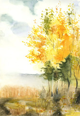 un paysage peint à l& 39 aquarelle sur lequel peint l& 39 automne doré