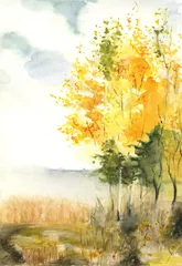 Poster een landschap geschilderd in waterverf waarop gouden herfst is geschilderd © caribia