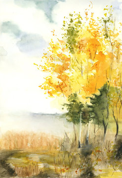 Fototapeta a landscape painted in watercolor on which painted golden autumn