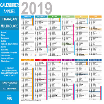 Calendrier 2019 modifiable, 12 mois, multicolore, vacances scolaires, textes vectorisés et non vectorisés